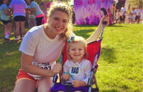 mother and daughter in 5k color run